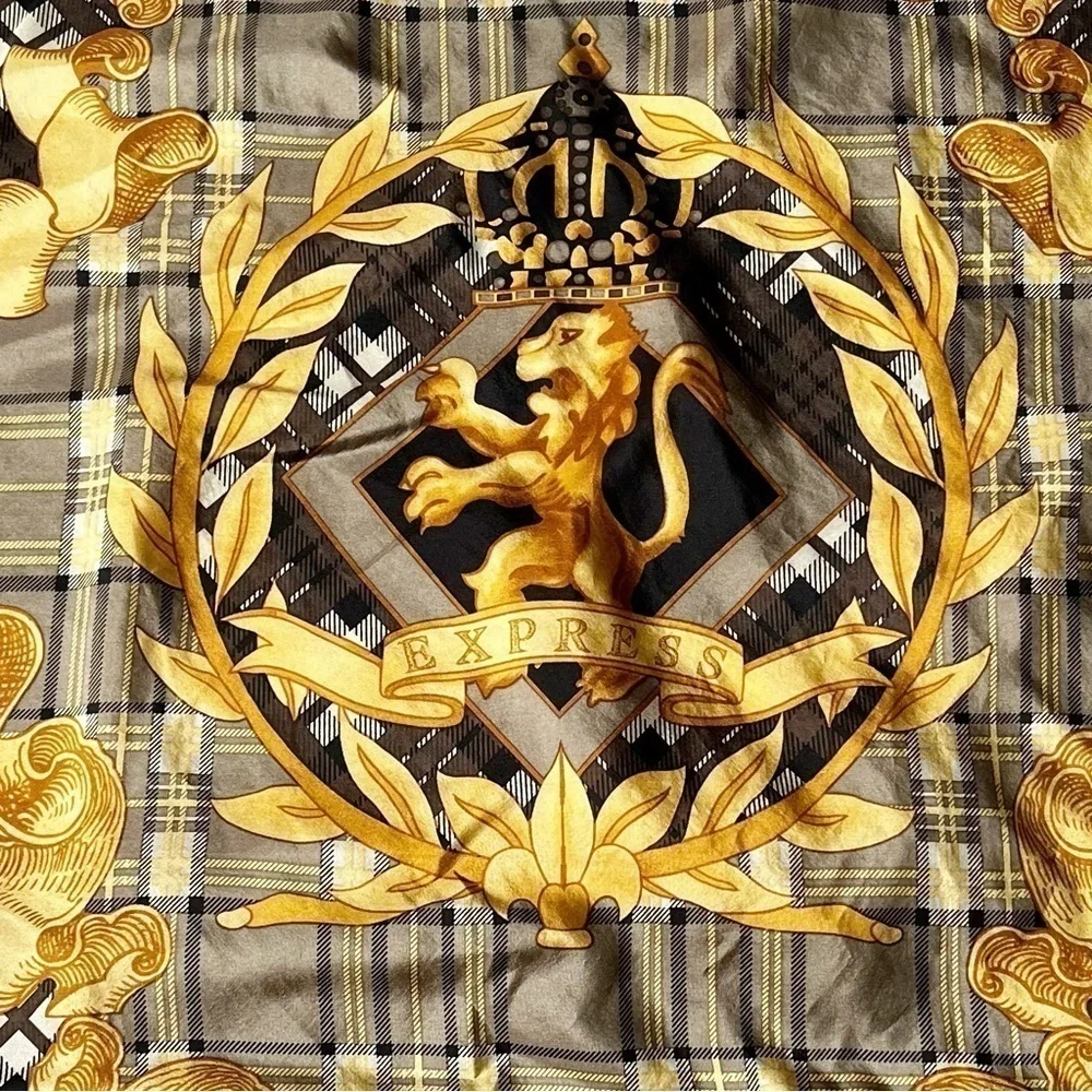 80s Express Silk Scarf Royal Lions Crest Hand Rolled 34” Square Baroque